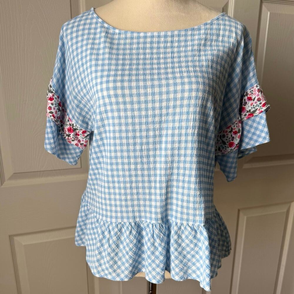 Matilda Jane‎ Blue Gingham Ruffle Top Floral Size M Boxy Fit Farmhouse Coquette